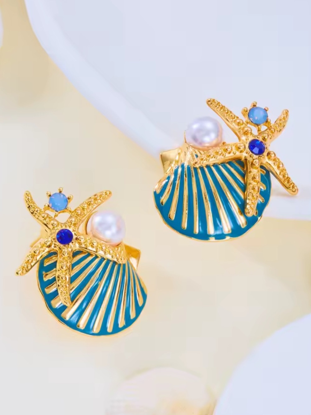 Gold & Teal Shell and Starfish Pearl Stud Earrings